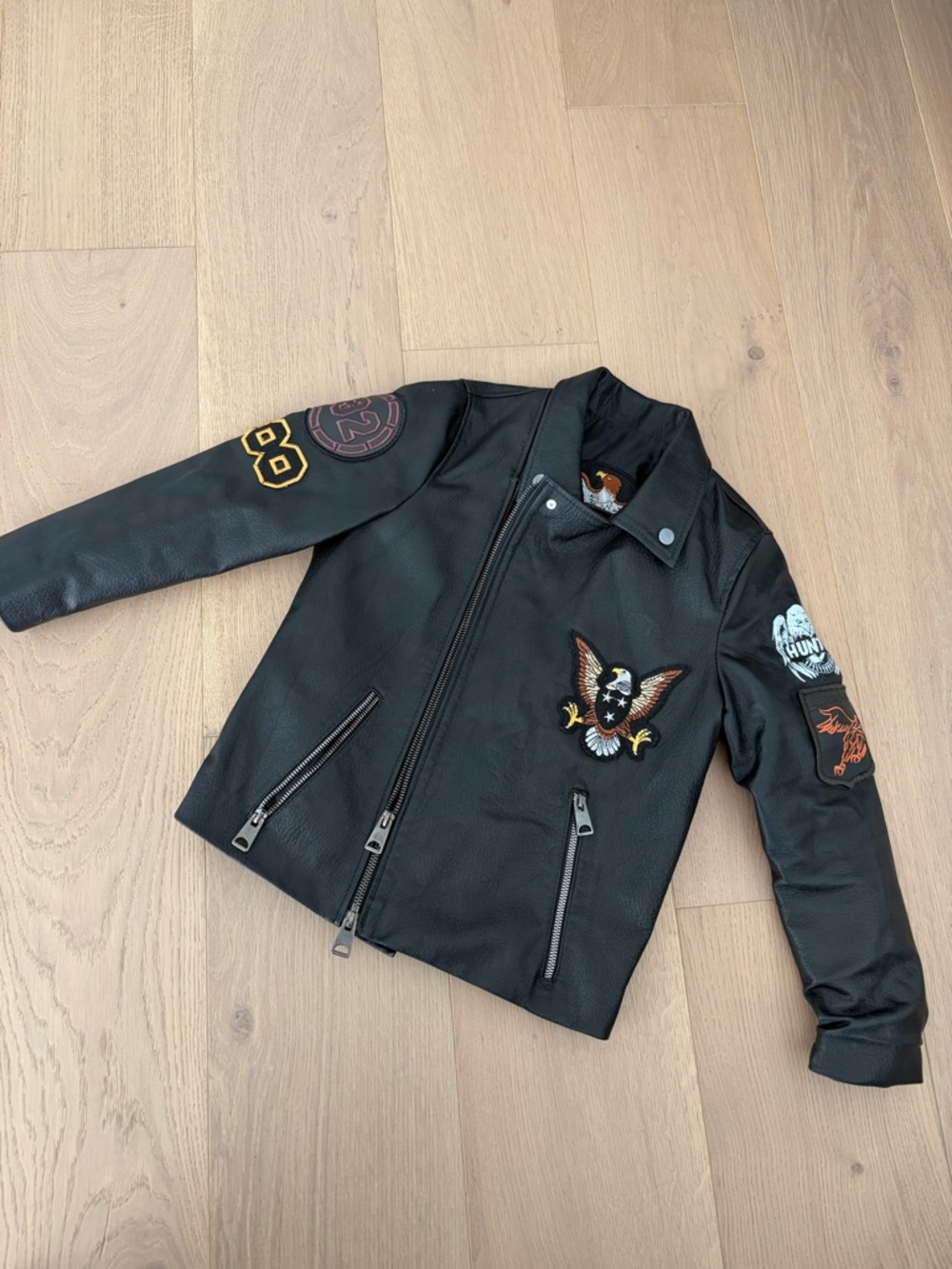 Kids Black Embroidered Patch Moto Jacket